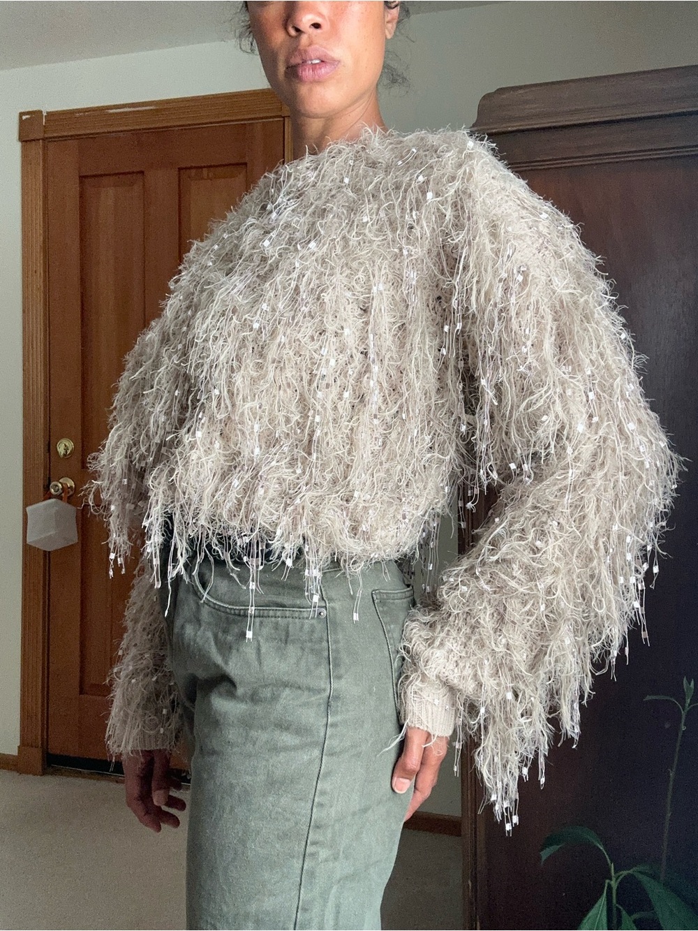 Beige Shaggy Textured Crop Sweater